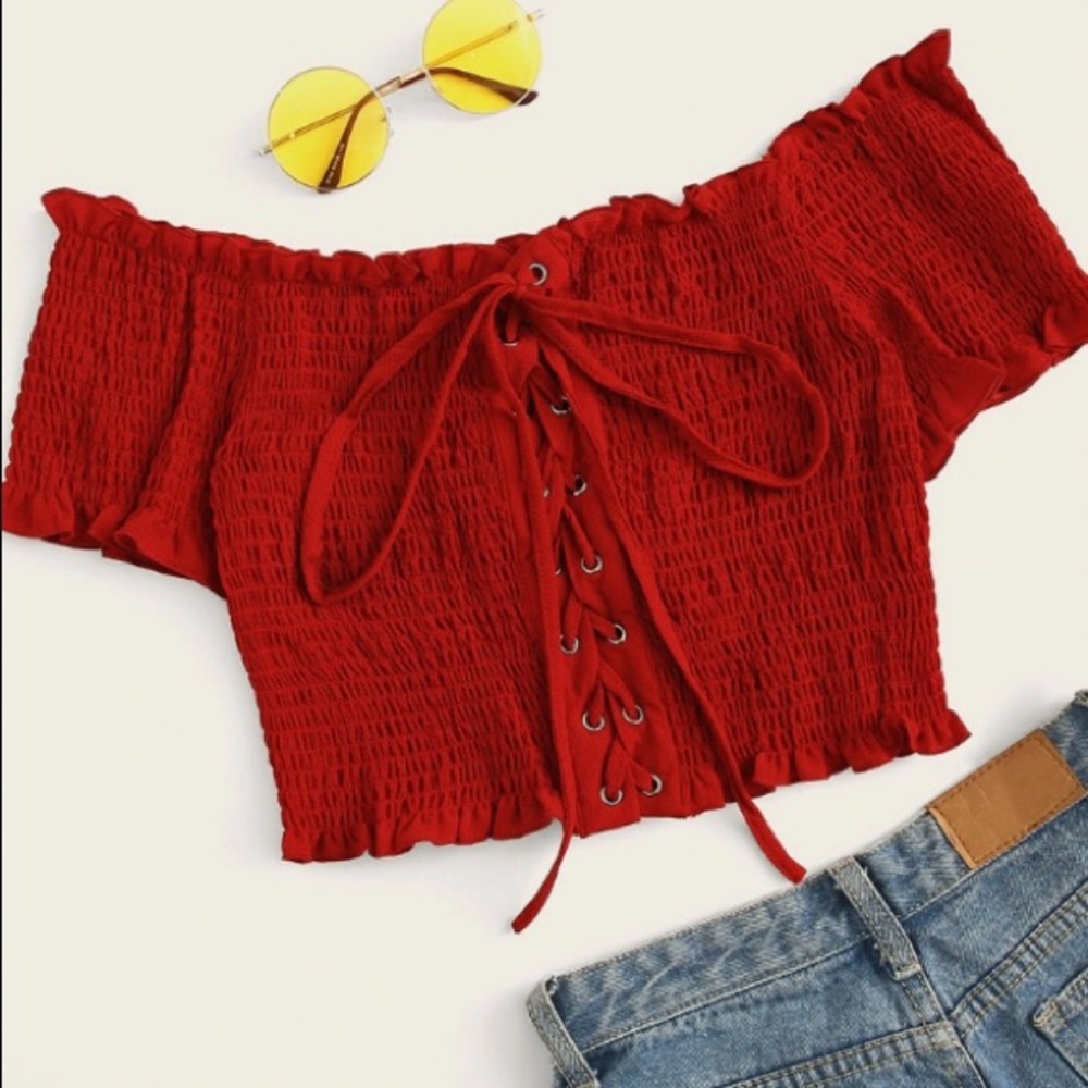 Grommet lace up shirred crop top